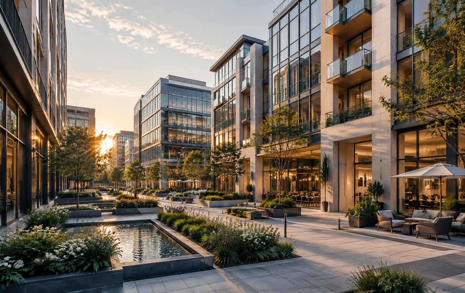 Representative mixed-use district with residences, offices, retail, and landscaped public space