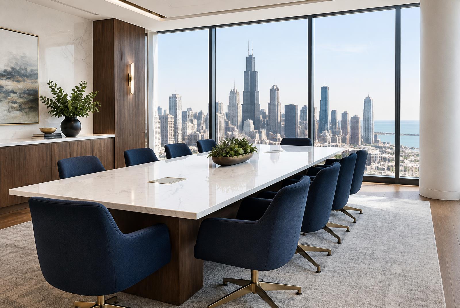 Refined boardroom overlooking the Chicago skyline