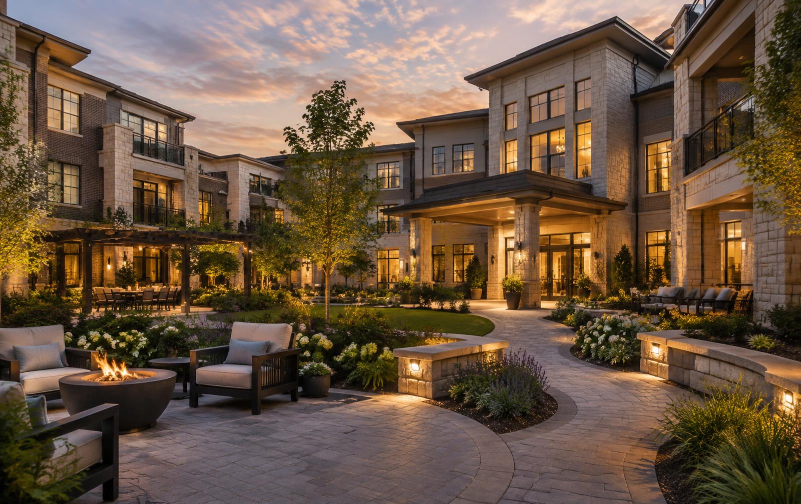 Representative senior living community centered on a warm landscaped courtyard