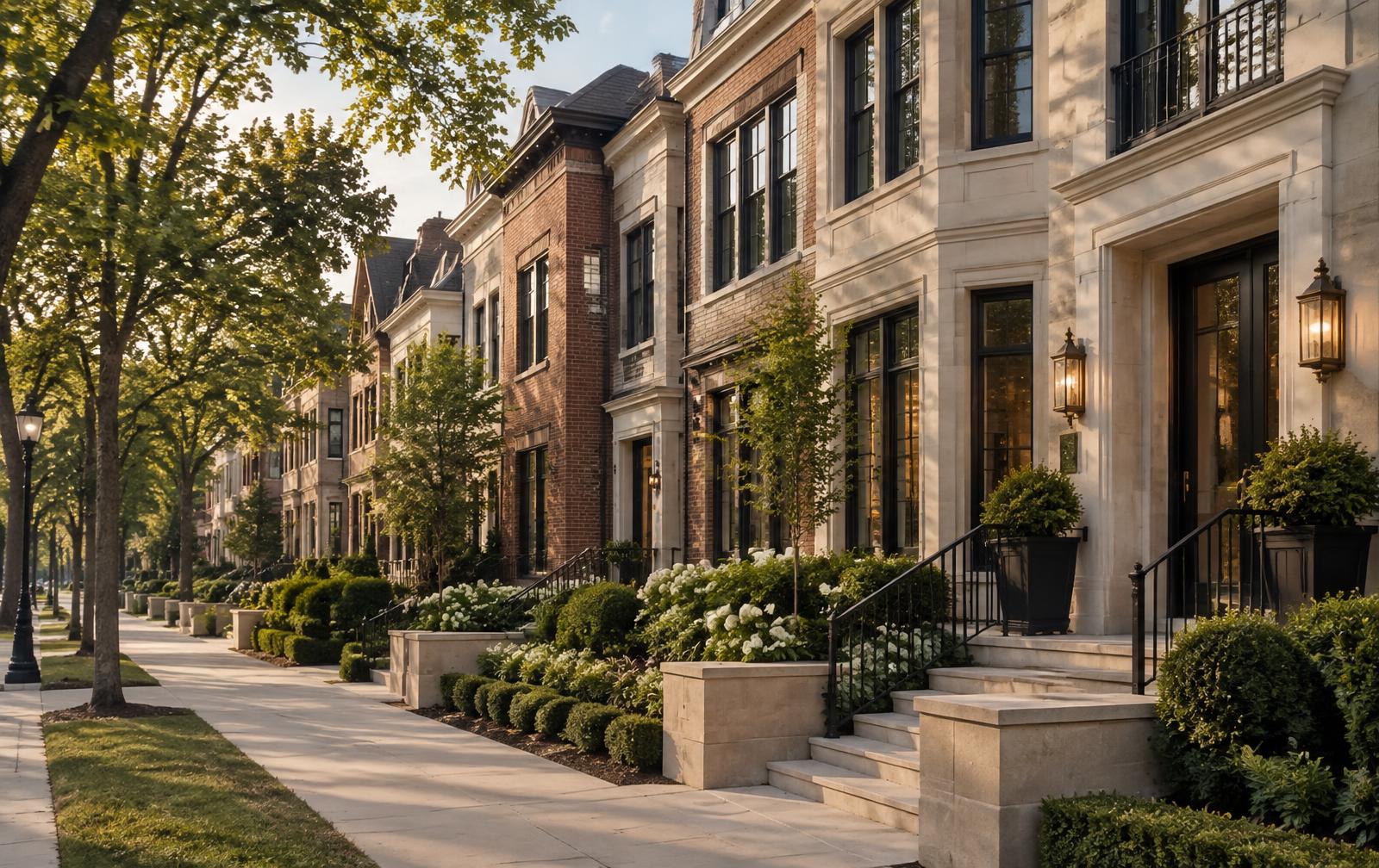 Representative tree-lined community of contemporary brick and limestone townhomes